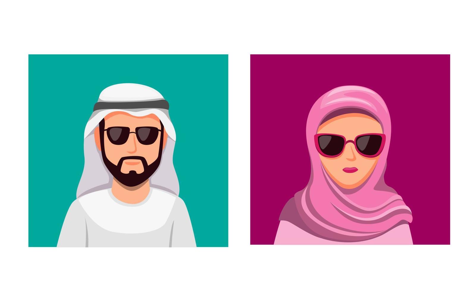 Arabische man draagt tulband en vrouw hijab paar draagt brillen pictogrammenset in cartoon illustratie vector geïsoleerd op witte achtergrond