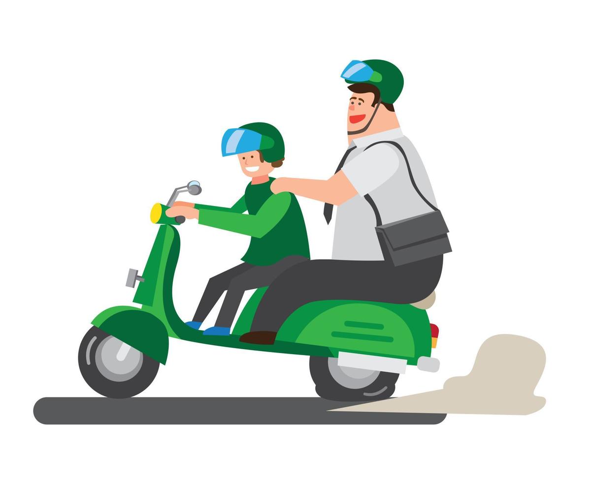dikke man op motorfiets, ga aan het werk met online vervoer in cartoonillustratievector vector