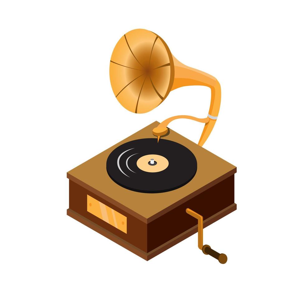 grammofoon isometrische, klassieke audio muziekspeler apparaat houten kist met vinyl record cartoon platte illustrtion vector