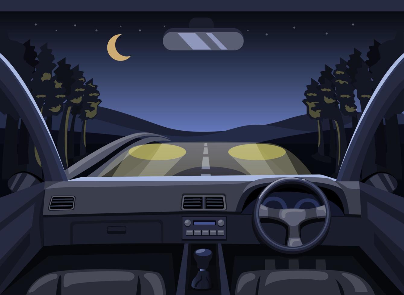 dashboard auto rijden in het bos 's nachts. oogpunt bestuurder scène concept in cartoon illustratie vector