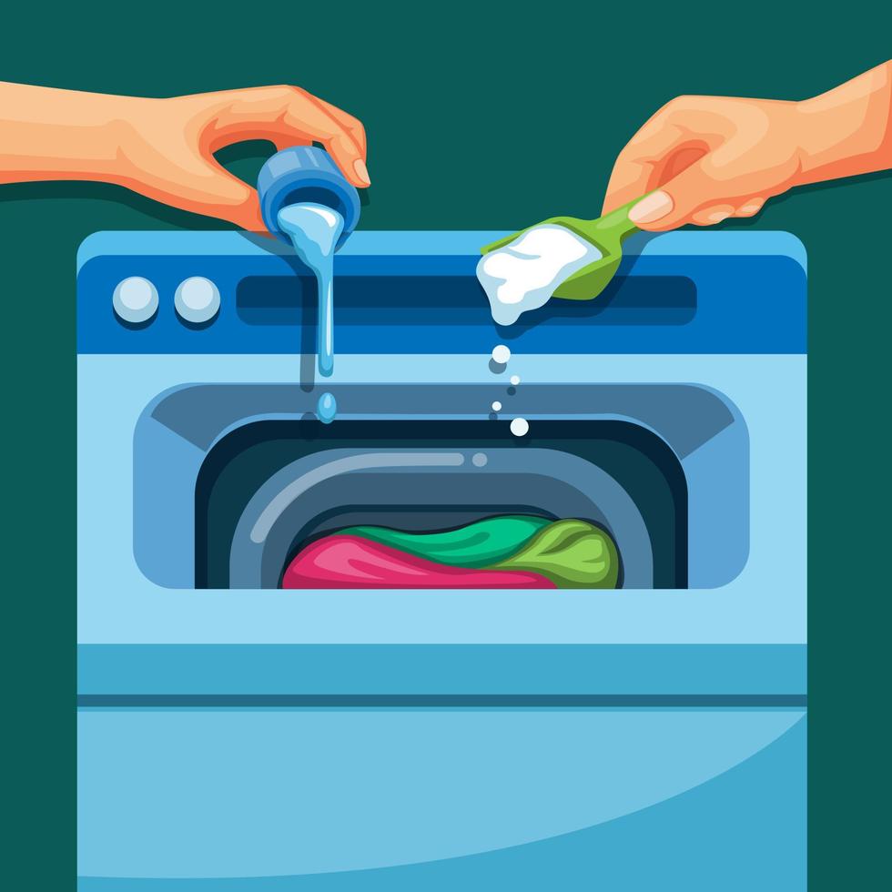 hand giet vloeistof en wasmiddel in de wasmachine. wasinstructie symbool illustratie vector