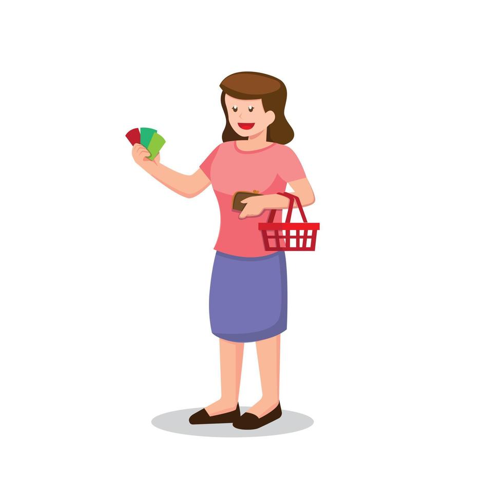 moeder aanhouden van geld of voucher coupon met winkelwagentje in cartoon vlakke afbeelding vector