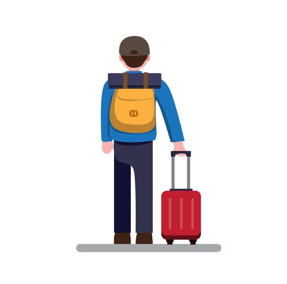 achteraanzicht van de mens die reist met rugzak en koffer, cartoon vlakke afbeelding vector geïsoleerd op een witte achtergrond
