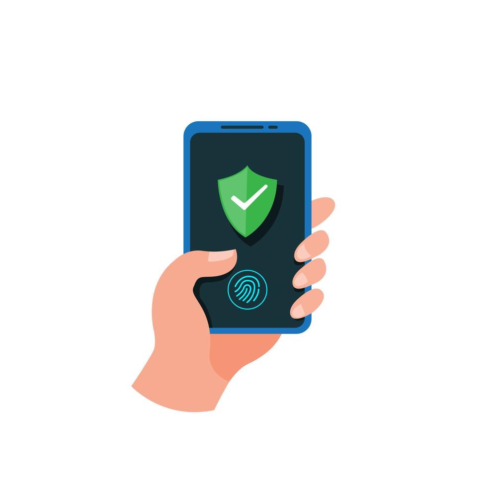 vingerafdrukbeveiliging op smartphone. groen schild op het smartphonescherm. pictogram concept van webtoegangsbeveiliging, beveiligde verbinding. cartoon platte illustratie vector geïsoleerd op een witte achtergrond