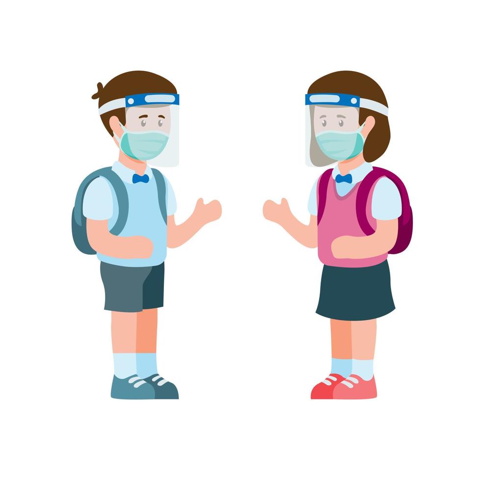 kinderen gaan naar school dragen gezichtsscherm en masker, jongen en meisje student praten met sociale afstand in nieuwe normale activiteiten. concept in cartoon vlakke afbeelding vector op witte achtergrond