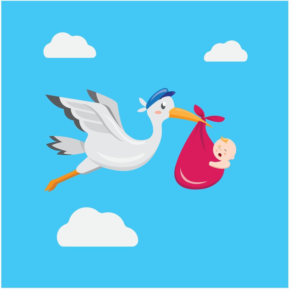 ooievaar met baby, vliegende vogels leveren pasgeboren menselijke cartoon illustratie vector