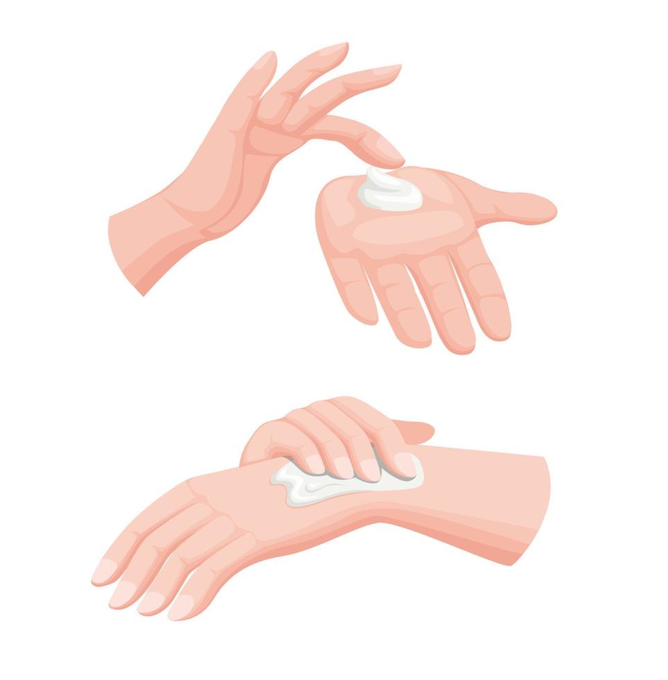 uitstrijkje crème handlotion, cosmetische lotion crème voor hand of lichaam op vrouw hand in twee stappen instructie. realistische cartoon illustratie vector geïsoleerd op witte achtergrond