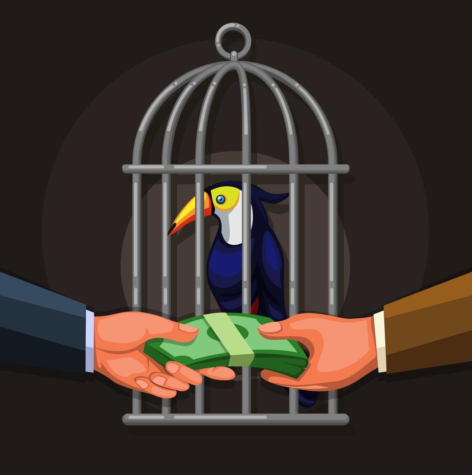 mensen die toekan exotische vogels verkopen. handel in dieren in het wild illegaal bedrijfsillustratieconcept in cartoonvector vector