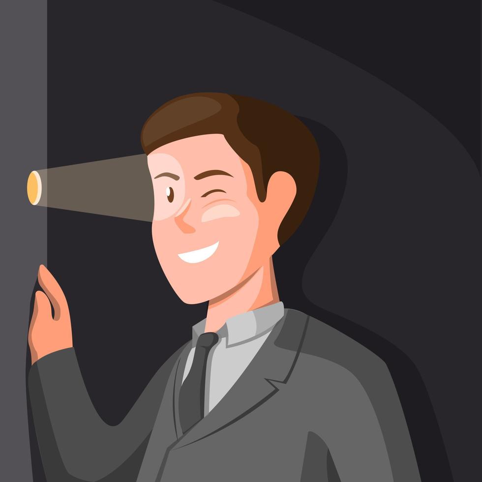 zakenman stalking uit deurgat. stalker symbool concept in cartoon illustratie vector