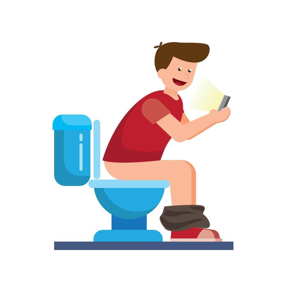 jongen zit in toilet met smartphone vlakke afbeelding vector