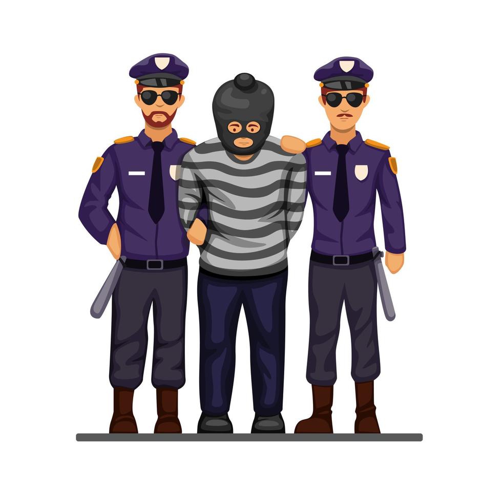 politie betrapt terrorist of criminele man met handboeien symbool concept in cartoon illustratie vector geïsoleerd op witte achtergrond