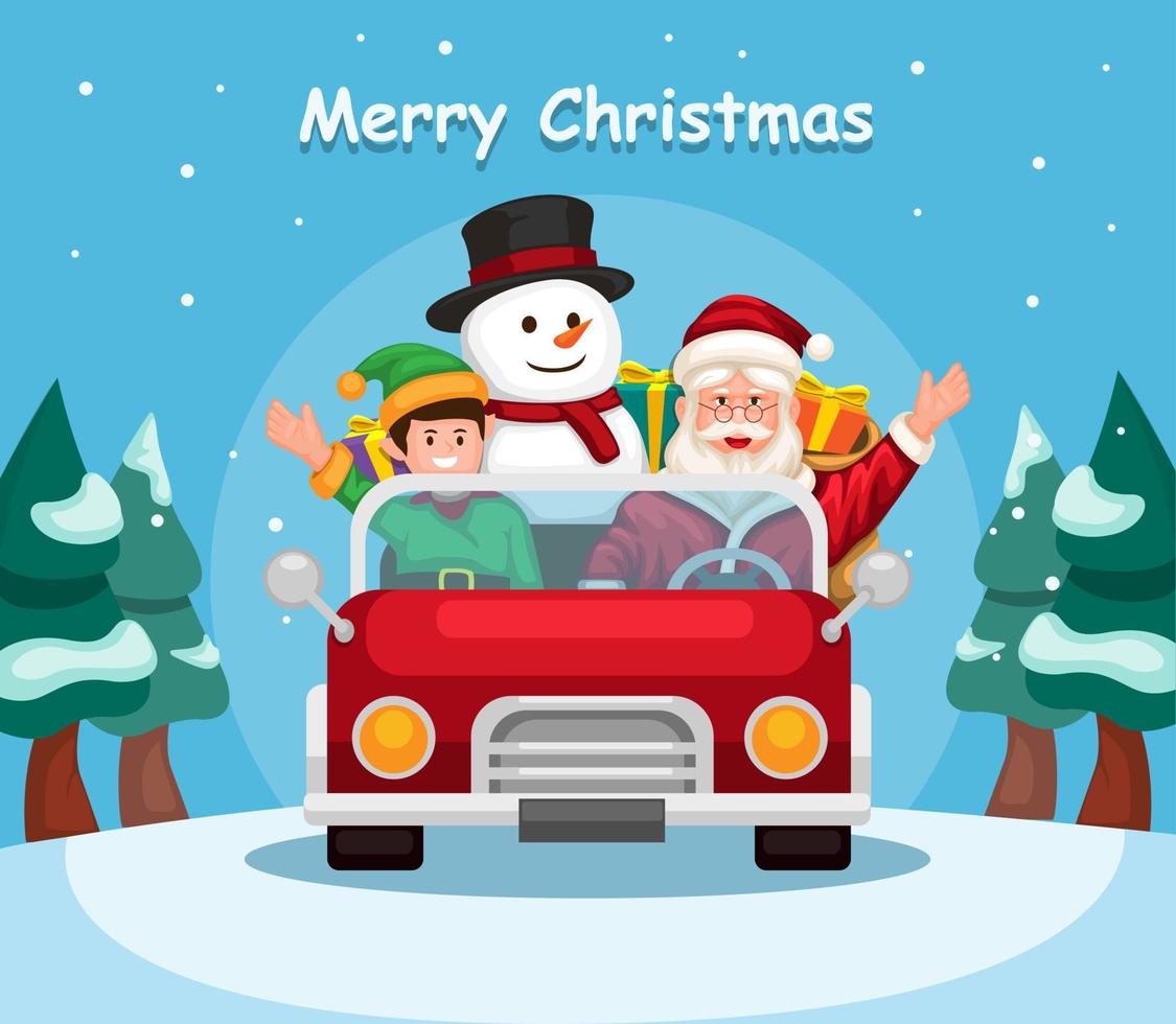 Kerstman met elf en sneeuwpop rijdende auto met geschenkdoos leveren aan kinderen in de illustratievector van het kerstseizoen vector