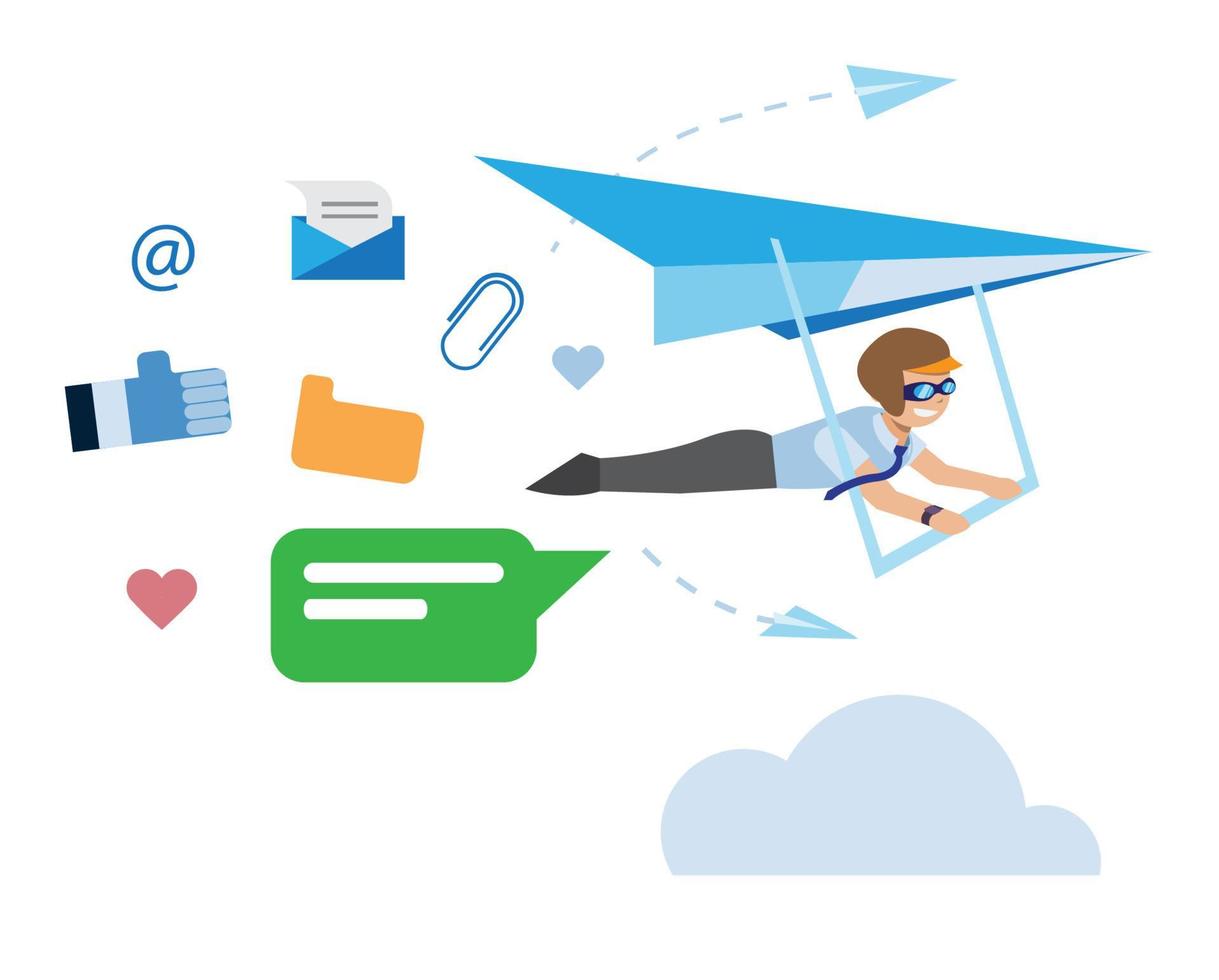 moderne sociale netwerken. kantoor man vliegen paardrijden paragliding met post iconen illustratie concept vector