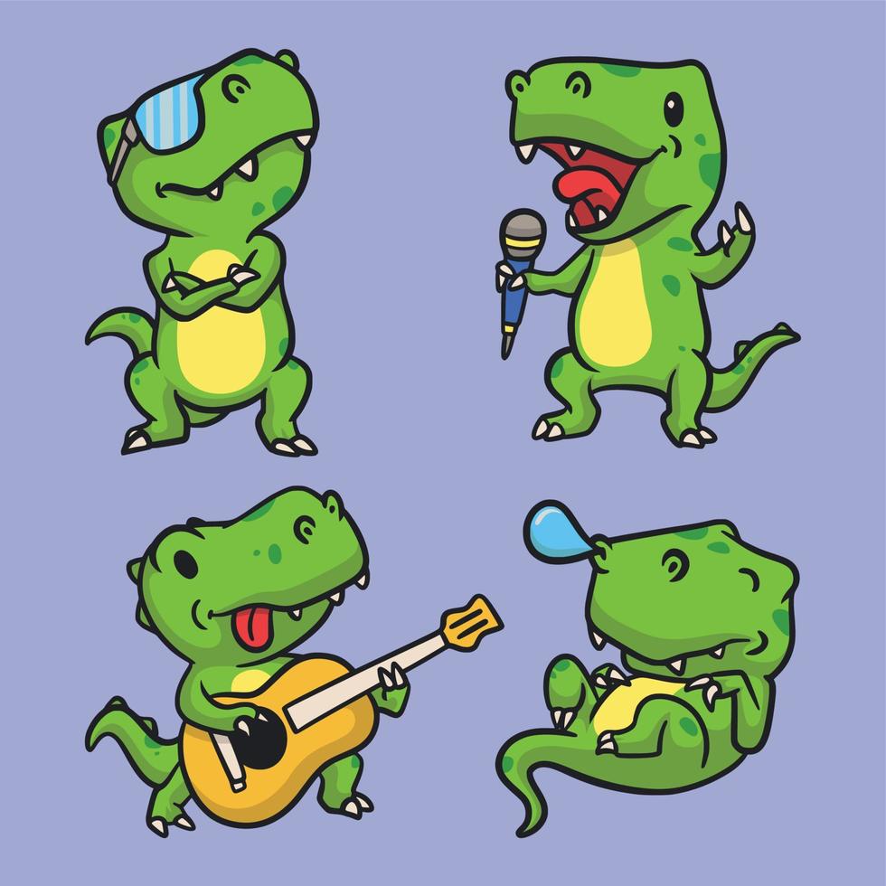 t rex is cool, t rex zingt, t rex speelt gitaar en t rex slaapt dierlijk logo mascotte illustratiepakket vector