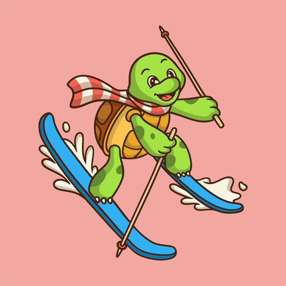 cartoon dier ontwerp schildpad ijs skiën schattig mascotte logo vector
