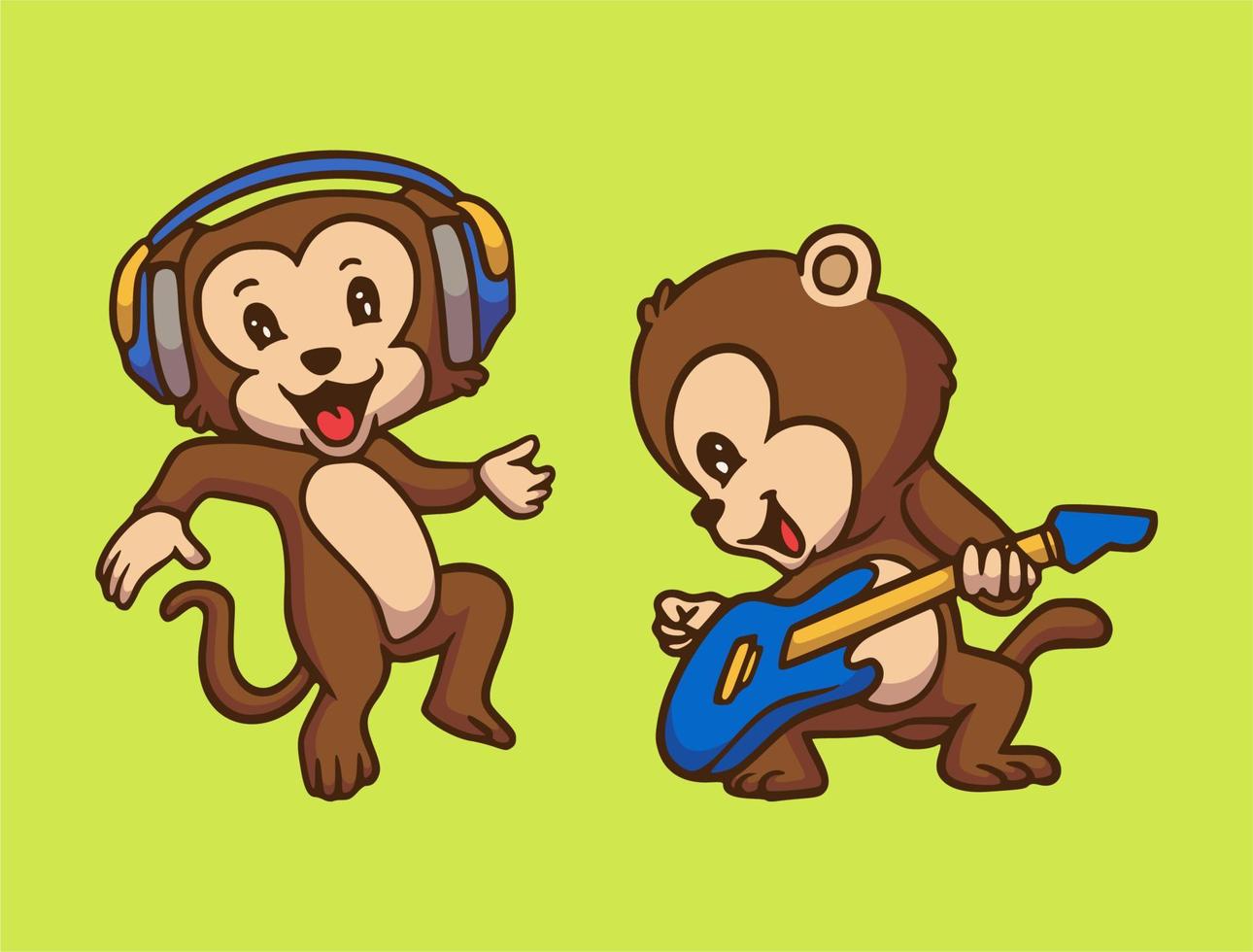 cartoon dier ontwerp aap luisteren naar muziek en gitaar spelen schattige mascotte illustratie vector