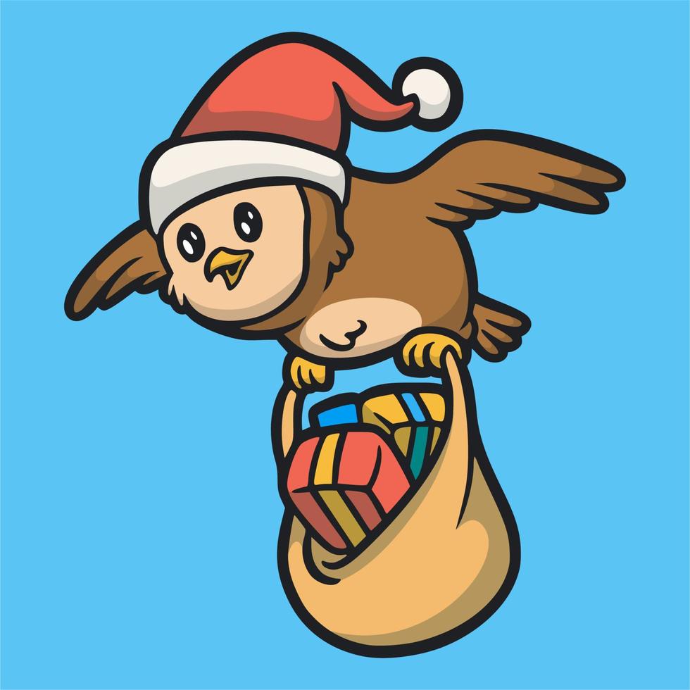 cartoon dier ontwerp de uil draagt een kerstman hoed en draagt een cadeauzakje schattig mascotte logo vector