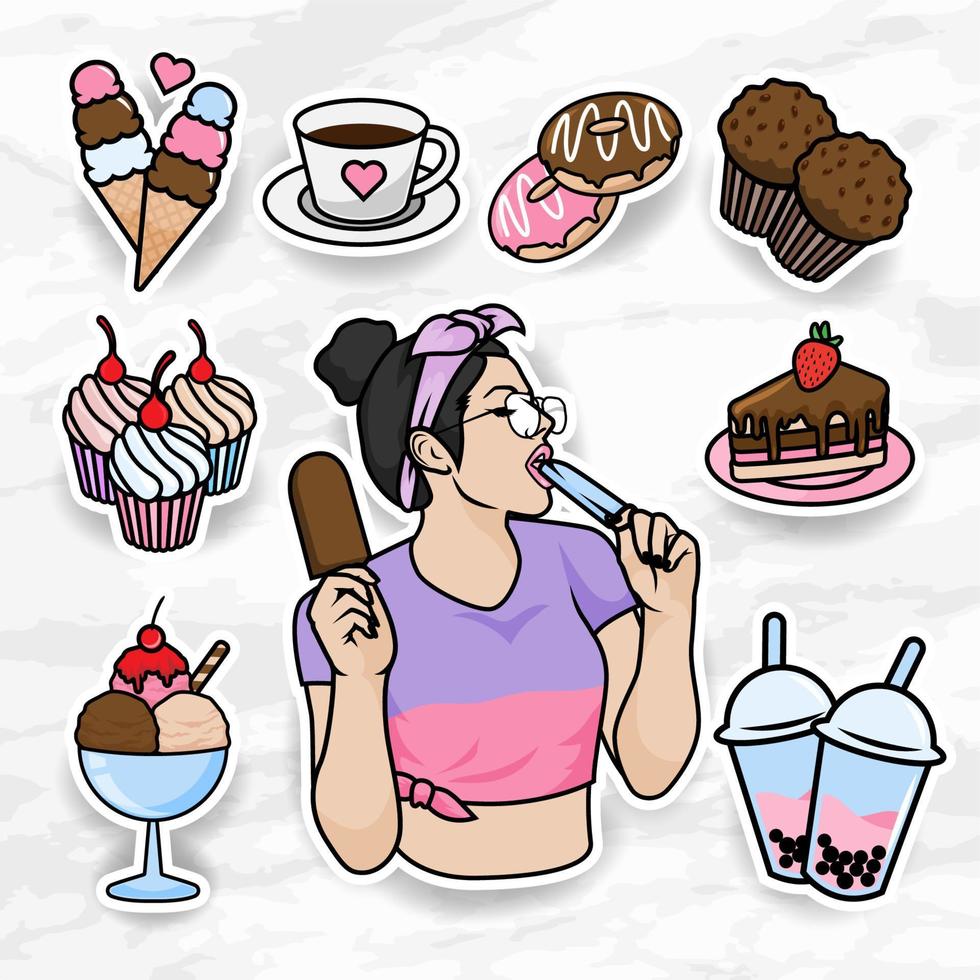 leuke vrouw sticker set accessoires cartoon vakantie dessert thema's vector