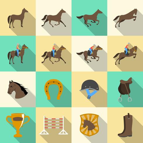 Paardrijden vlakke schaduwen geplaatste pictogrammen vector