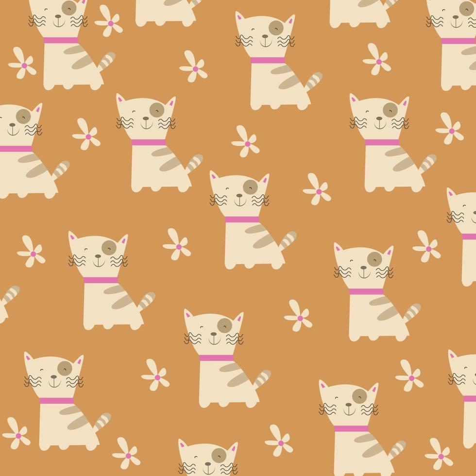 naadloze patroon met cartoon kat en bloemen op bruine achtergrond vector