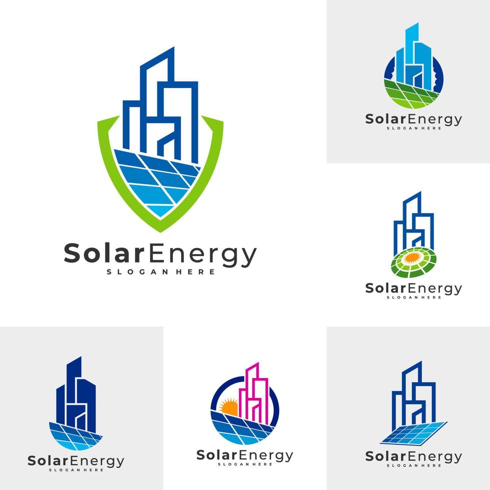 set van zonne-stad logo vector sjabloon, creatieve zonnepaneel energie logo ontwerpconcepten