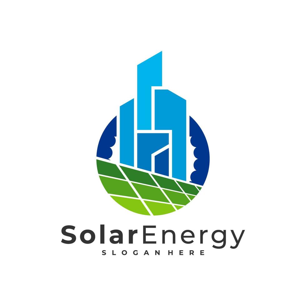 zonne-stad logo vector sjabloon, creatieve zonnepaneel energie logo ontwerpconcepten
