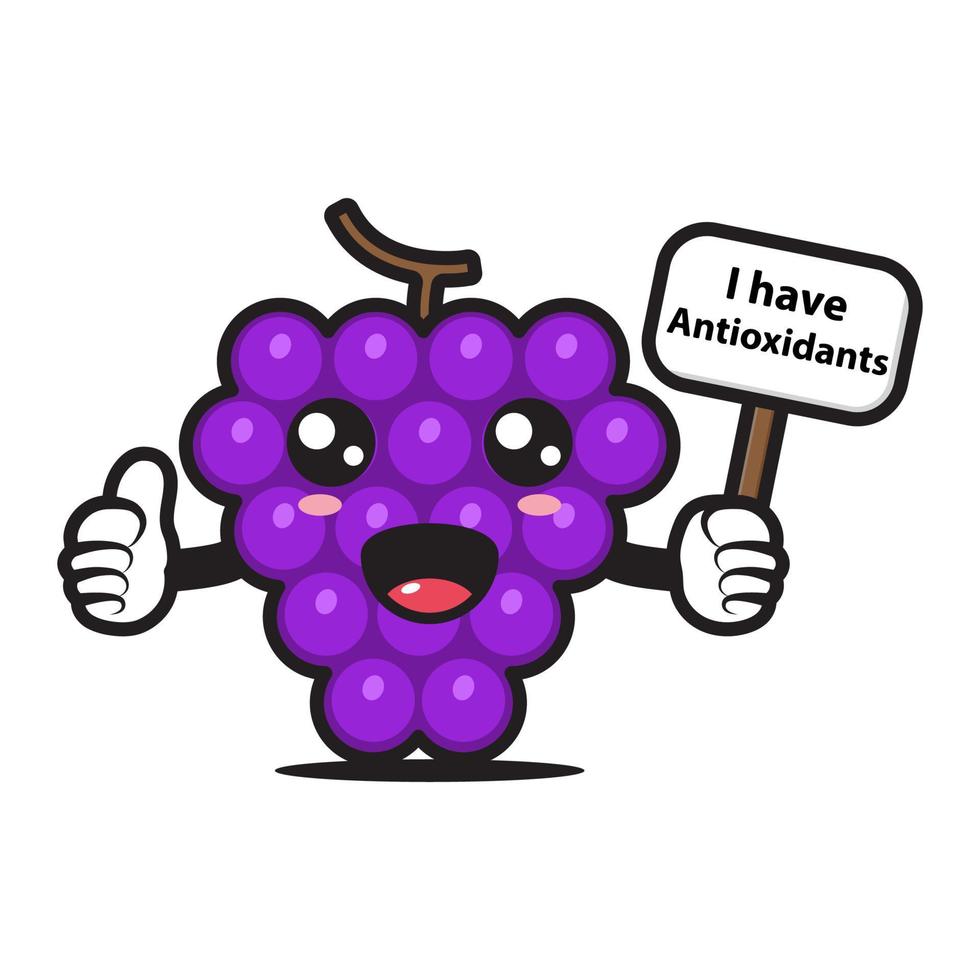schattige druivenmascotte met een bordje dat zegt dat ik antioxidanten heb vector