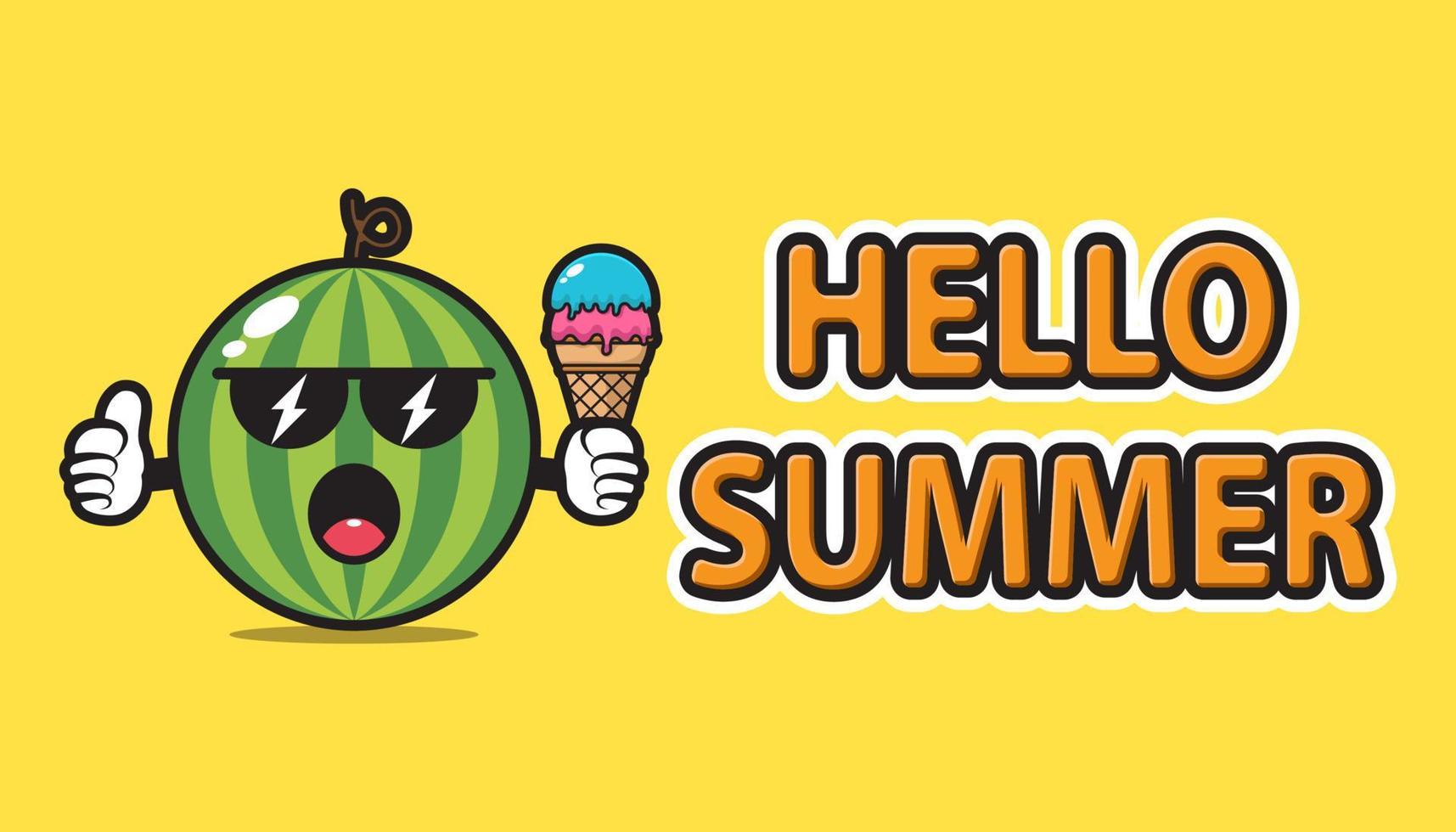watermeloenmascotte die een zonnebril draagt en een ijsje vasthoudt met een hallo zomergroetbanner vector