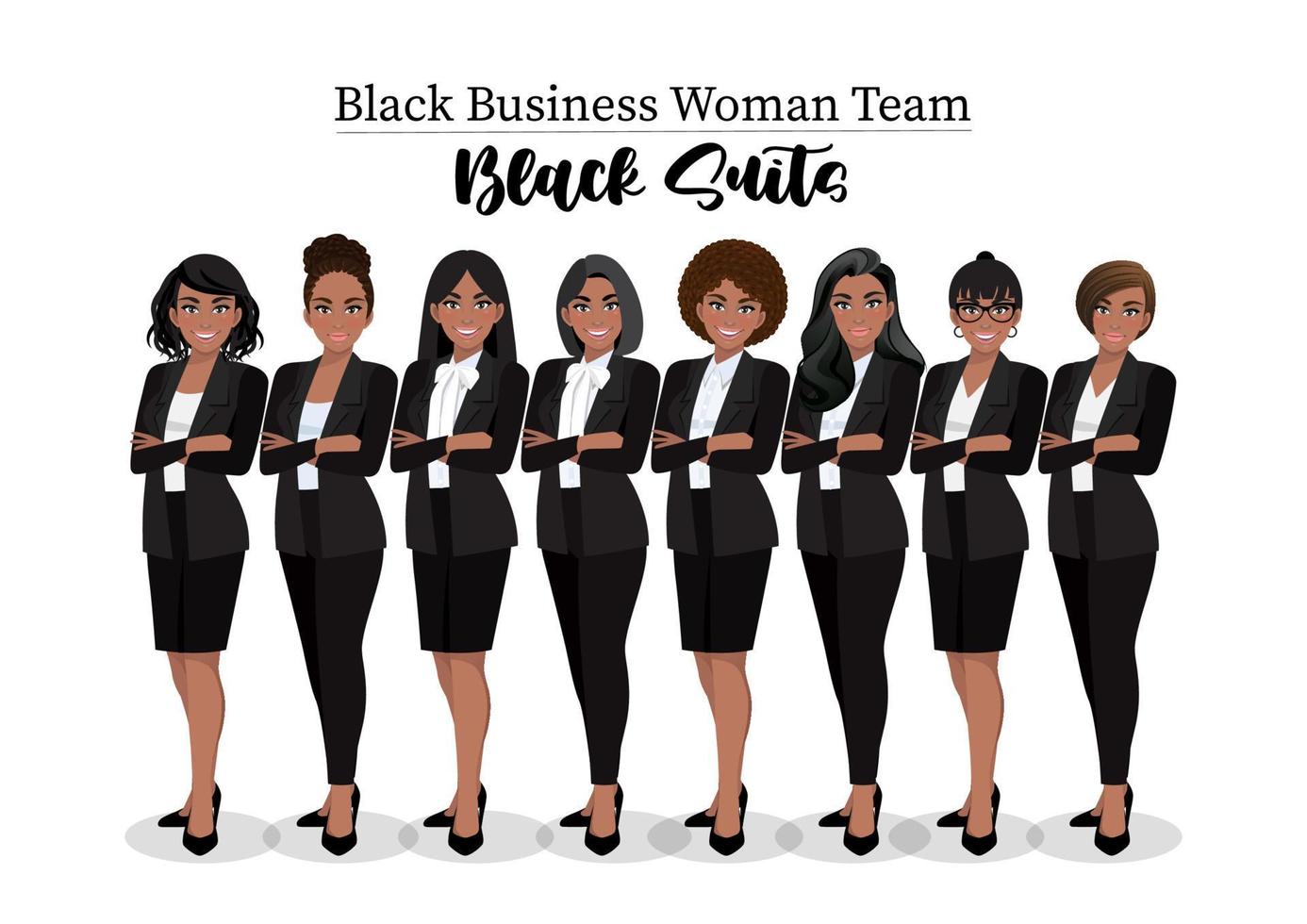 zwarte zakenvrouw of Amerikaanse Afrikaanse vrouwelijke karakter gekruiste armen poseren in zwart pak vectorillustratie. vector