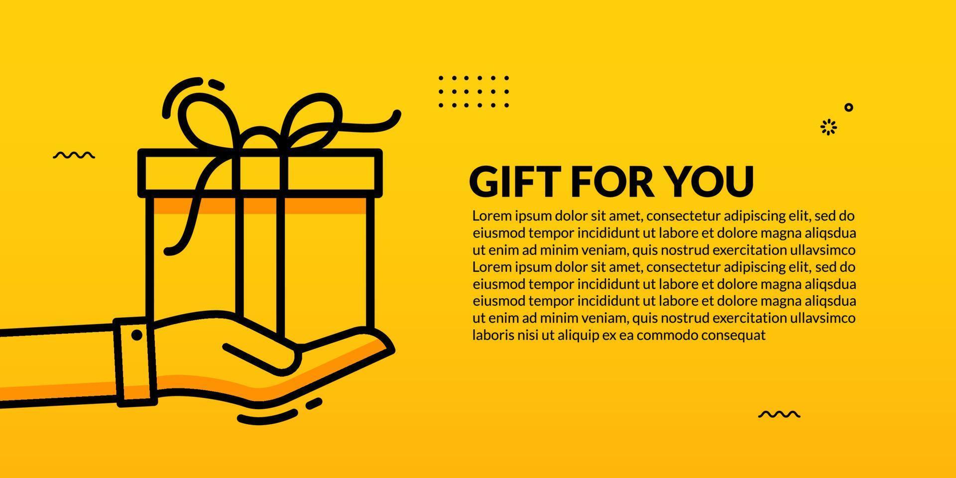 hand handvat verrassing geschenkdoos op gele achtergrond, feestviering sjabloon vector