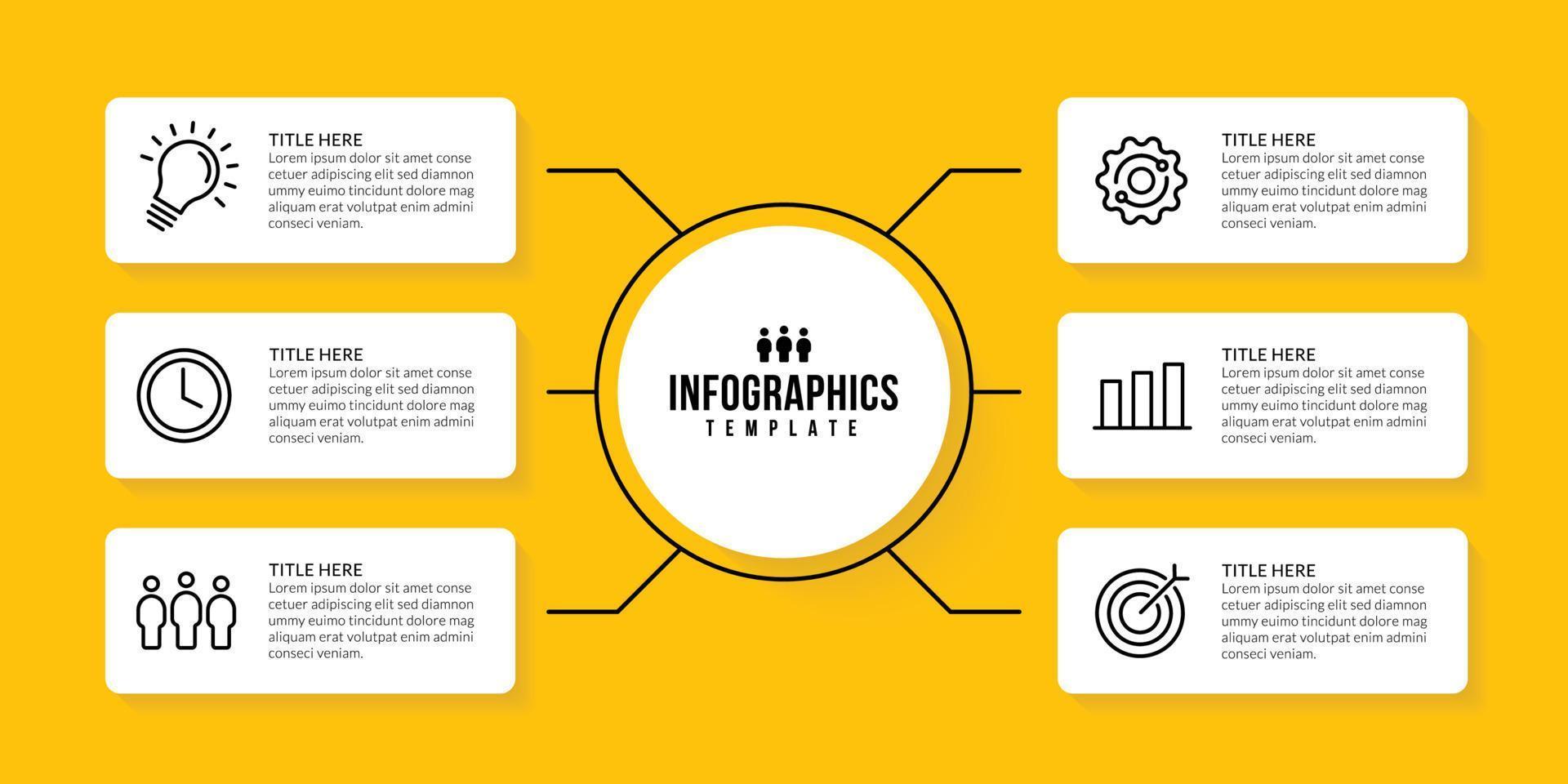 workflow infographic sjabloonontwerp met 6 opties op gele achtergrond, bedrijfsgegevensvisualisatieconcept vector