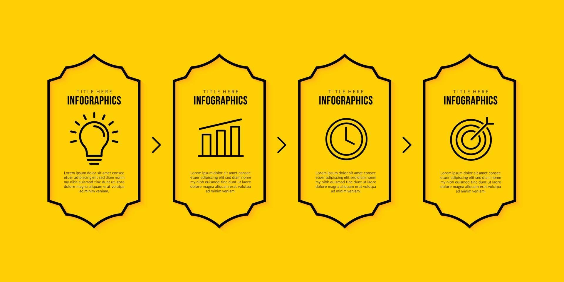 infographic sjabloonontwerp met 4 opties, bedrijfsgegevensvisualisatieconcept, dunne lijnpictogrammenstijl op gele achtergrond vector