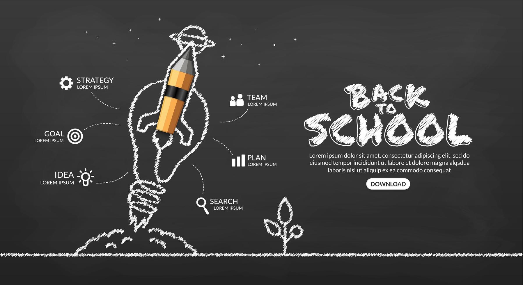 potloodraket met gloeilamp lancering naar ruimte infographic, welkom terug op school achtergrond vector