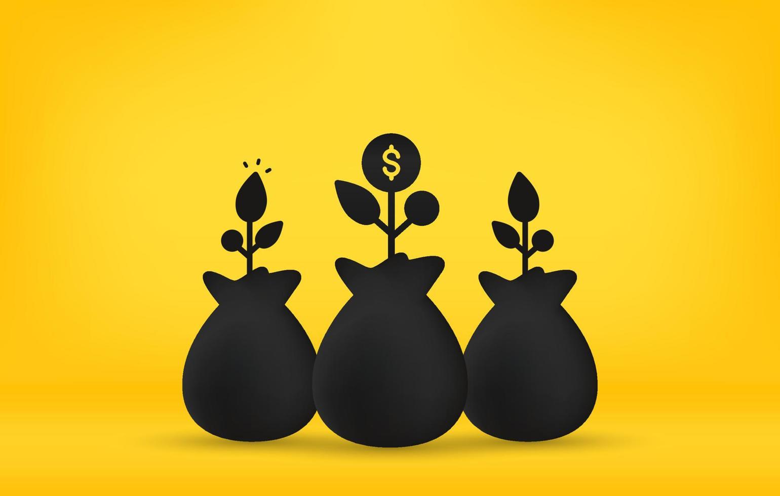 bedrijfsinvesteringsconcept, geldzak met planten op gele achtergrond vector