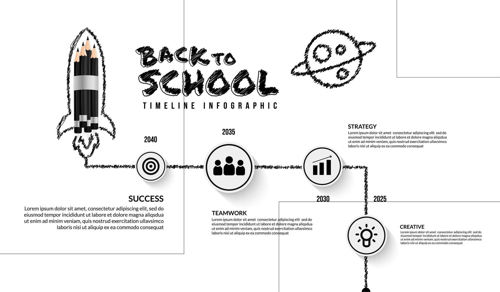 zwarte potloden raket lancering tijdlijn infographic, welkom terug op school achtergrond vector