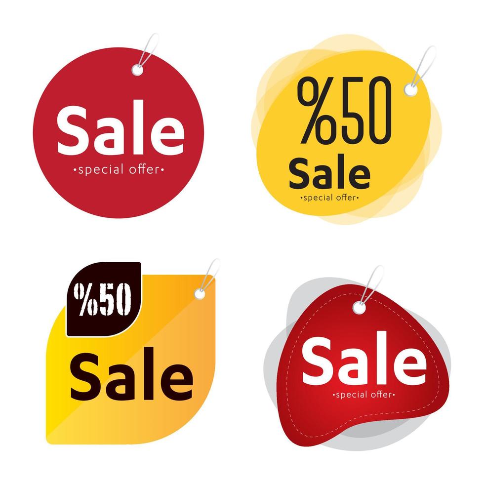 verkoop label vector set, winkel geïsoleerde stickers, pictogrammen, borden, tag, illustraties, winkelen labellabels rood geel