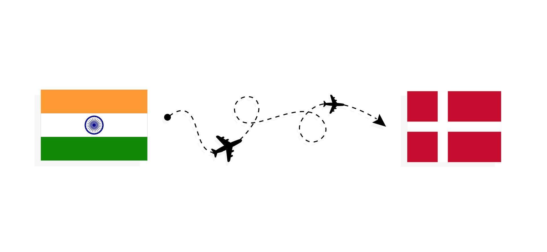 vlucht en reis van india naar denemarken per reisconcept voor passagiersvliegtuigen vector