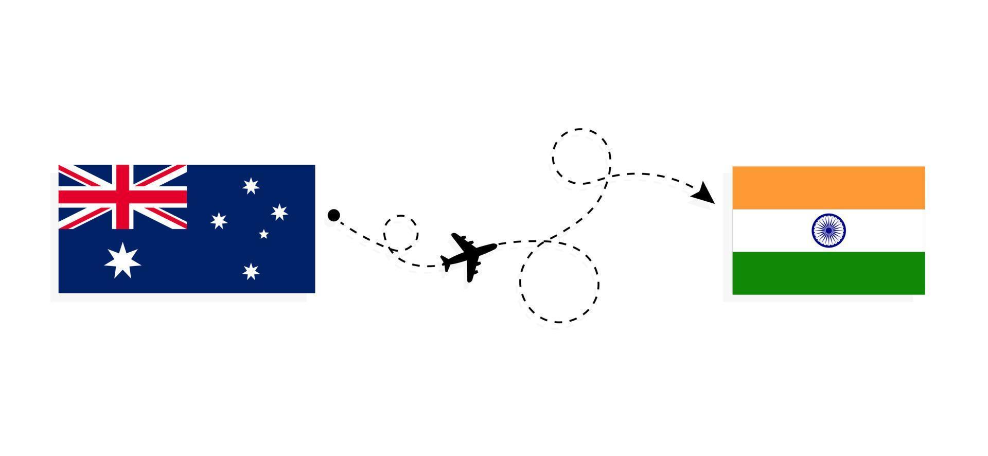 vlucht en reis van australië naar india per reisconcept voor passagiersvliegtuigen vector