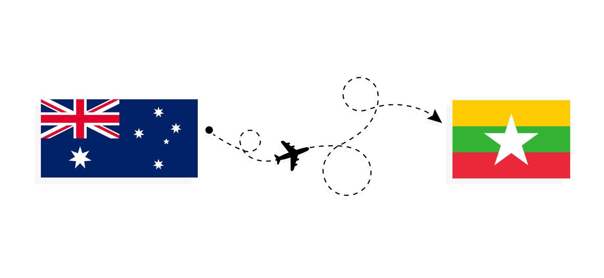 vlucht en reis van Australië naar Myanmar per reisconcept voor passagiersvliegtuigen vector