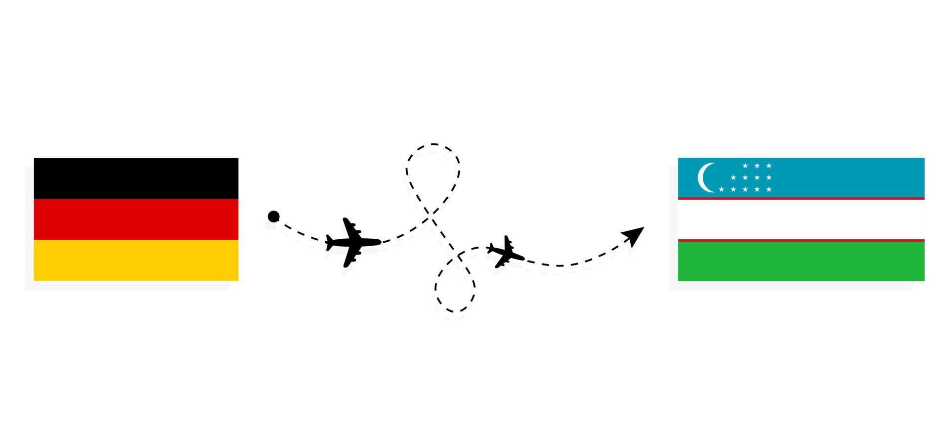 vlucht en reis van duitsland naar oezbekistan per passagiersvliegtuig reisconcept vector