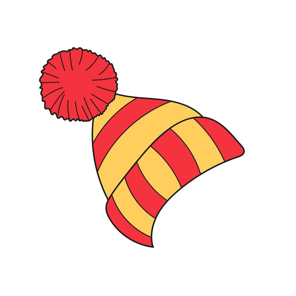 eenvoudige cartoon icoon. gebreide rode en gele muts met pom-pom vector iconen.
