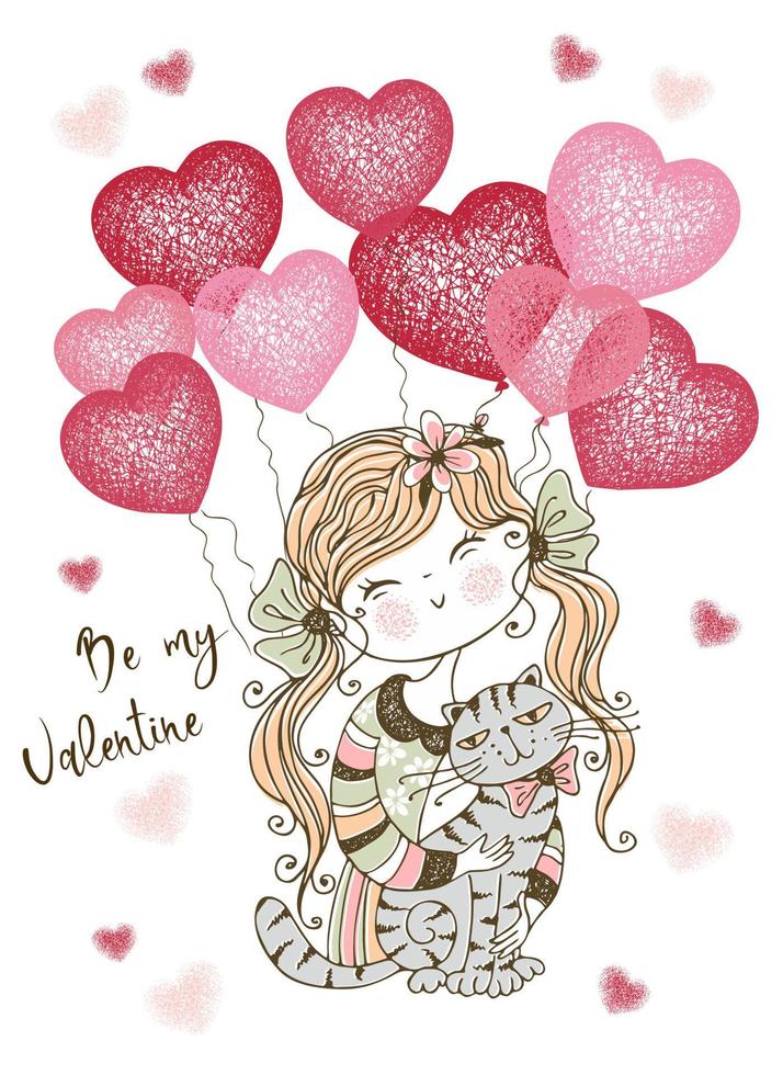 een valentijnskaart. schattig meisje met ballonnen en een schattige kat. een liefdesverklaring. vector. vector