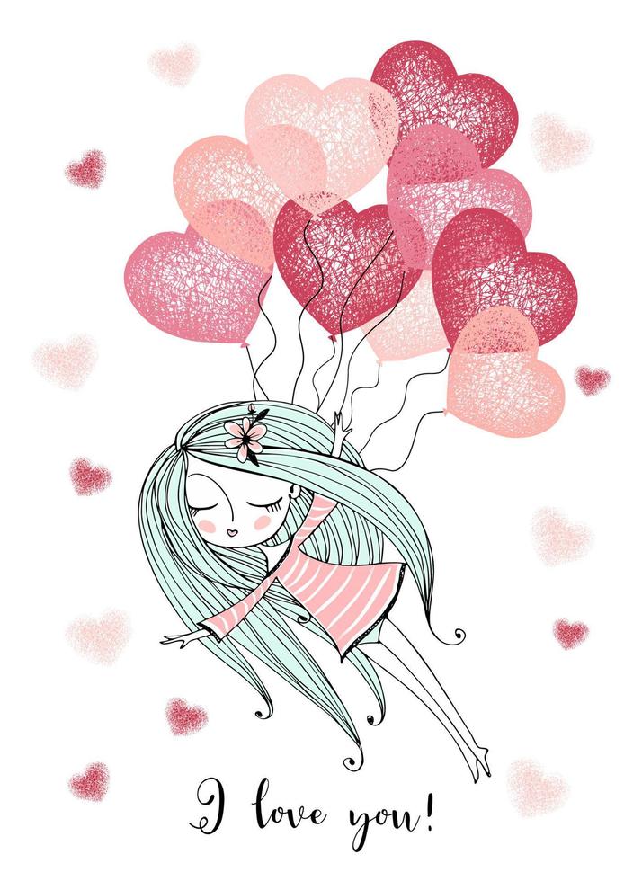 een schattig meisje vliegt op ballonnen met harten. Valentijnsdag. ik houd van je. een liefdesverklaring. vector. vector
