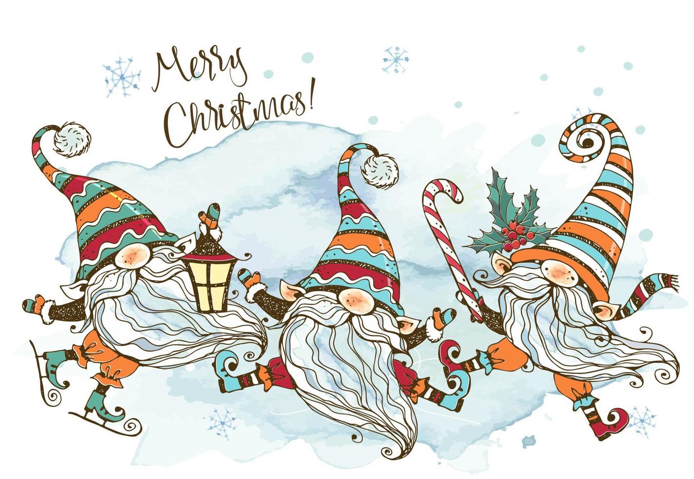 kerstkaart met een leuke schattige familie van nordic kabouters met geschenken. aquarellen en afbeeldingen. doodle stijl. vector