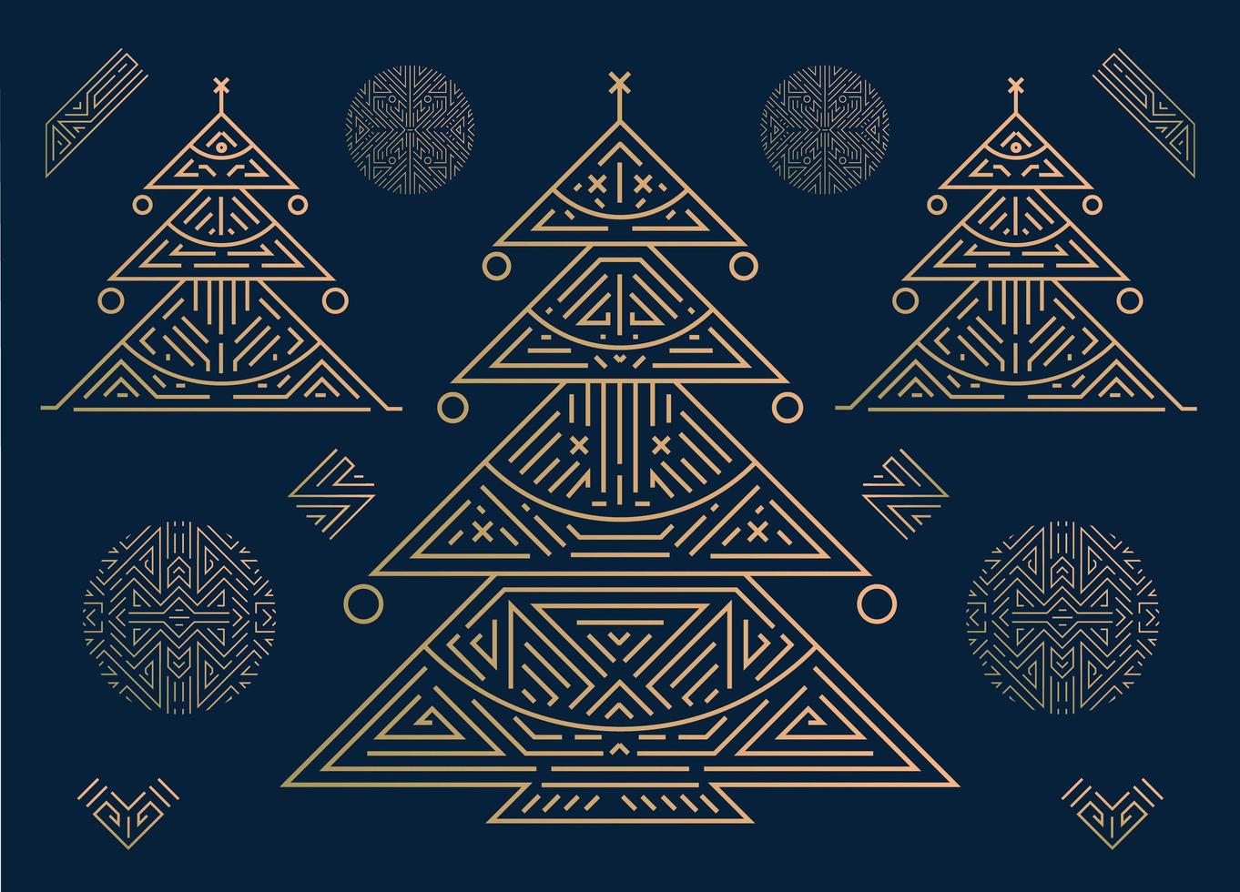 vector prettige kerstdagen en gelukkig nieuwjaar gouden wenskaart, spandoek, poster, achtergrond. art deco geometrische kerstkaart op marineblauwe achtergrond. lineaire glanzende kerstboom