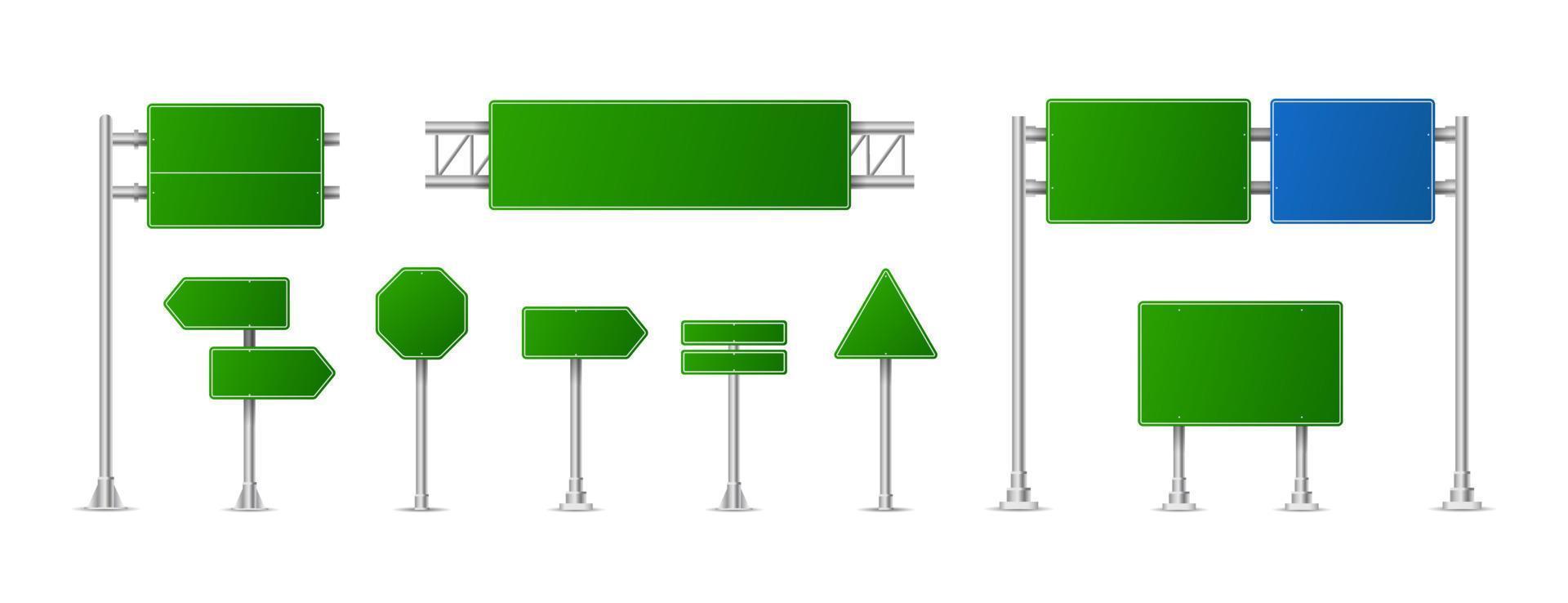 realistische groene straat- en verkeersborden. stad illustratie vector. straat verkeersbord mockup geïsoleerd, uithangbord of wegwijzer richting mock up afbeelding vector