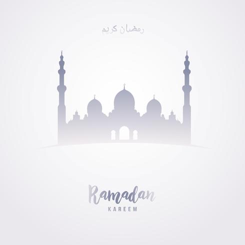 Ramadan Kareem-groet in het Arabisch als vorm van Moskee op grijze achtergrond. vector