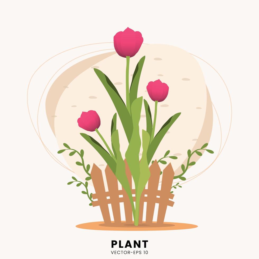 illustratie van een plant met rode bloemen die groeien in een kleine tuin, met een klein hek erachter. erg mooi om te gebruiken voor uw ontwerpbehoeften. vector