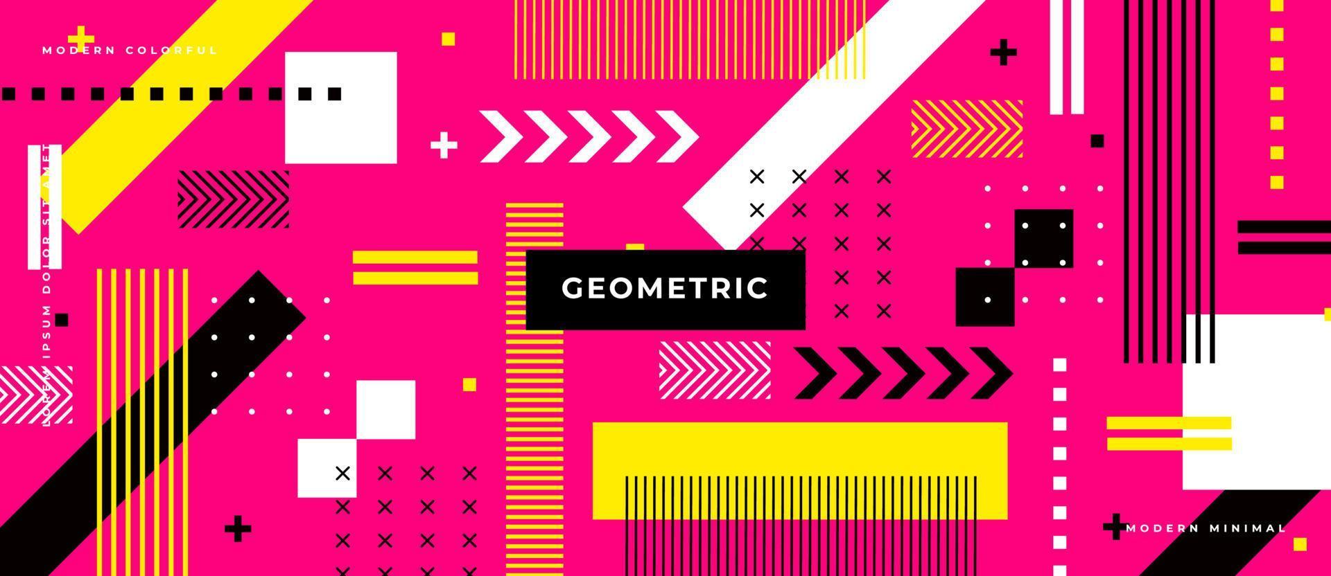 heldere kleurrijke platte vorm op neon roze achtergrond. met memphis-stijl en geometrische vormen, lijn, stip, vierkant patroonconcept. vector