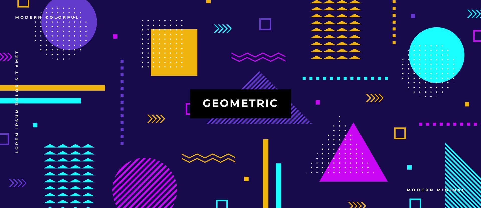 kleurrijke platte veelhoekelementen met veelkleurige eenvoudige geometrische vormen. Memphis stijl driehoeken, cirkels, vierkant, stip, lijnen op donkerblauwe achtergrond. vector